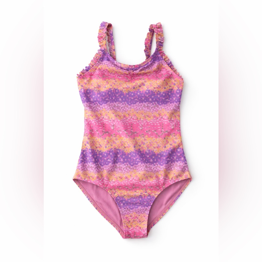 Girls' Pink & Purple Floral Stripe One-Piece Swimsuit